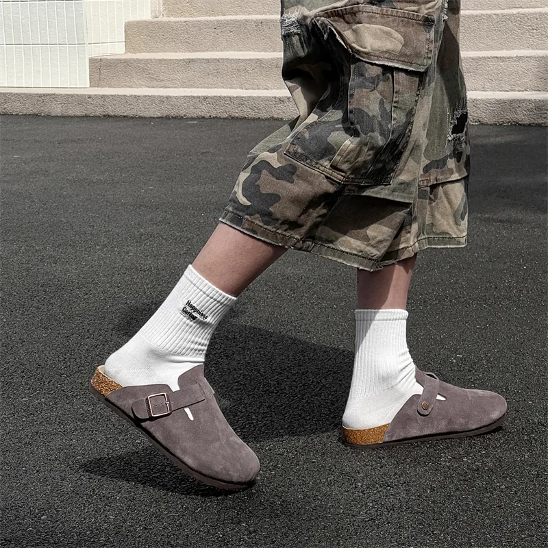 Chi Wolf Rubber Sole Stitching Leather Patchwork Slip Resistant Closed Toe Slippers Men's Yellow-36