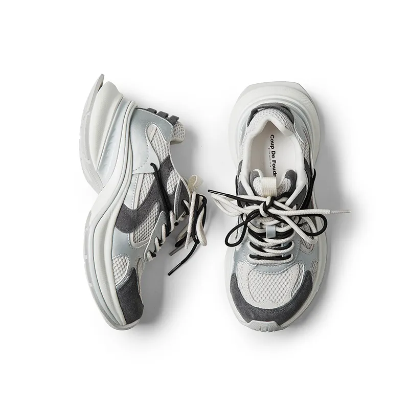 Coup De Foudre Cushioning Height Increasing Low Top Chunky Sneakers Women's Earth Gray Silver-2