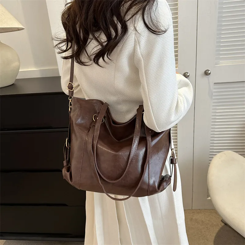 Yalu PU Tote Bag Crossbody Bag Shopping Bag Women's Coffee/Black-3
