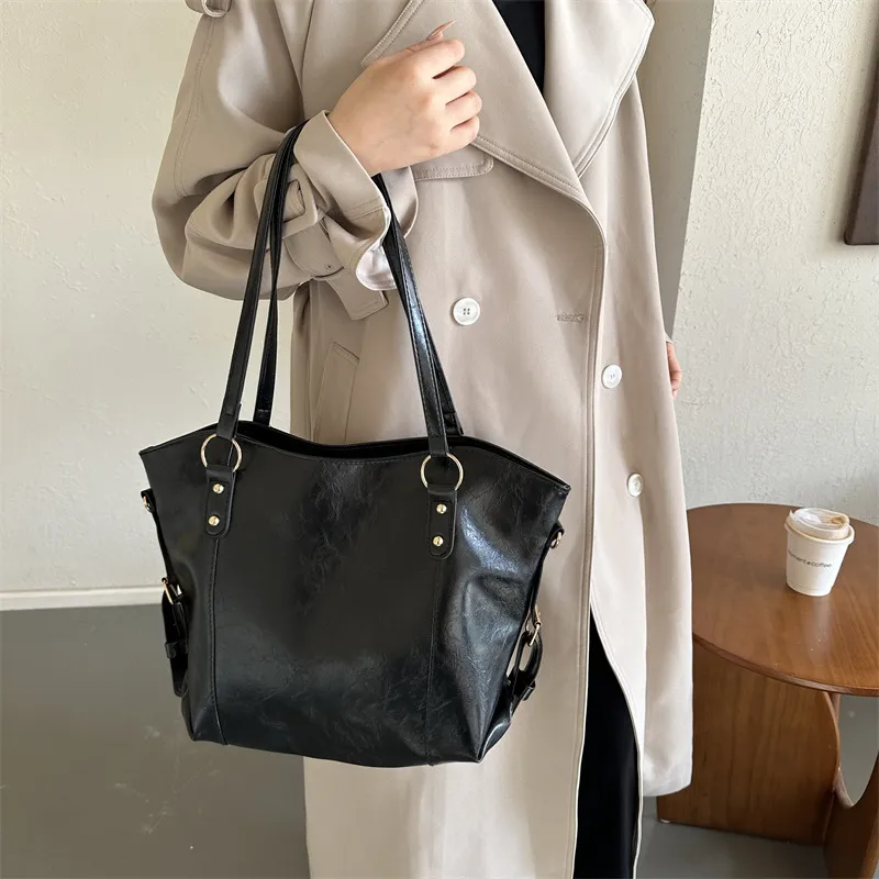 Yalu PU Tote Bag Crossbody Bag Shopping Bag Women's Coffee/Black-6