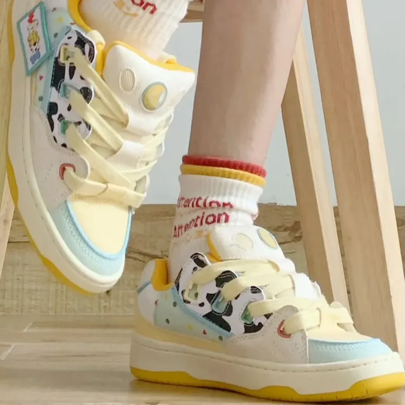 ABCYLM Slip Resistant Cushioning Impact Resistance Abrasion Resistant Low Top Skateboard Shoes Women's Cream Yellow-3