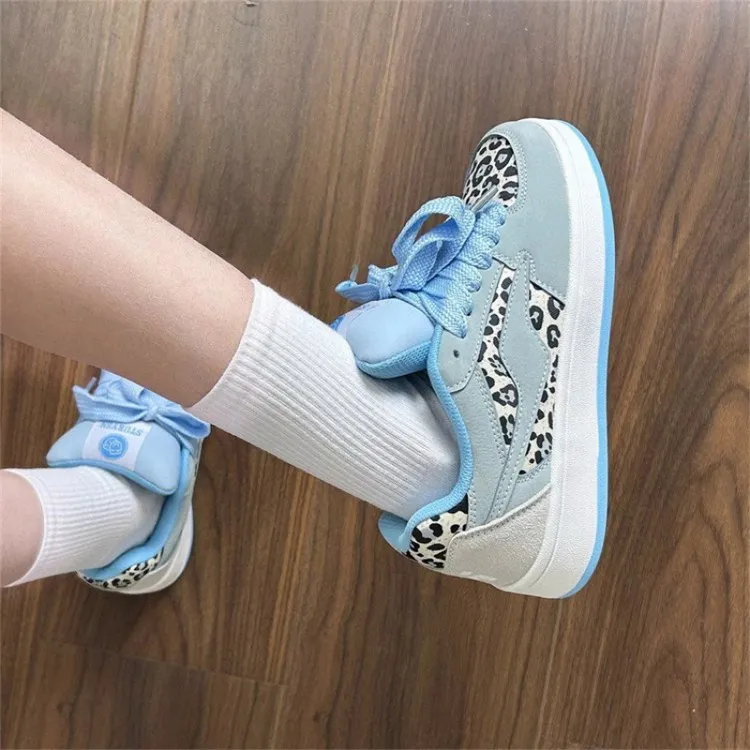 ABCYLM Slip Resistant Cushioning With Impact Resistance Low Top Skateboard Shoes Women's Leopard Print Blue-2