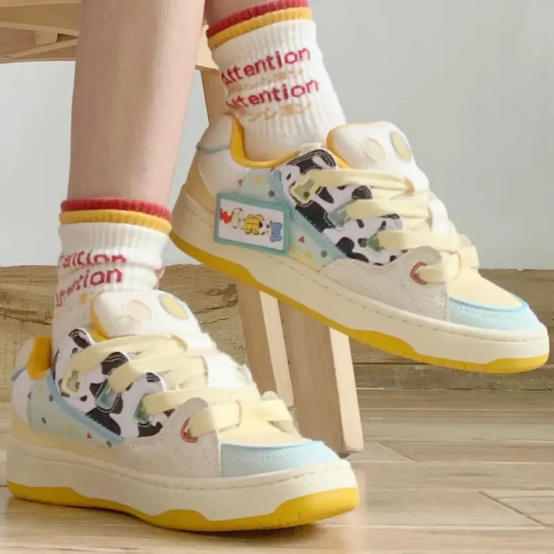 ABCYLM Slip Resistant Cushioning Impact Resistance Abrasion Resistant Low Top Skateboard Shoes Women's Cream Yellow-2