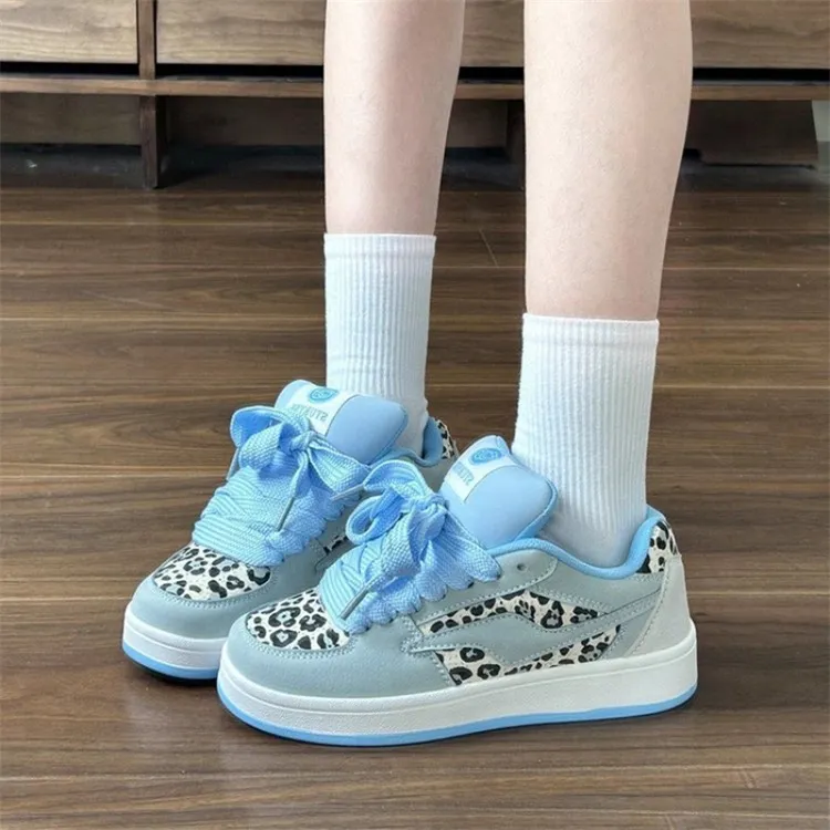 ABCYLM Slip Resistant Cushioning With Impact Resistance Low Top Skateboard Shoes Women's Leopard Print Blue-1