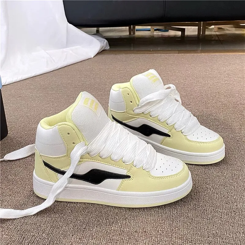 ABCYLM Wide Coverage Cushioning Impact Resistance Lightweight High Top Skateboard Shoes Women's White Yellow-1