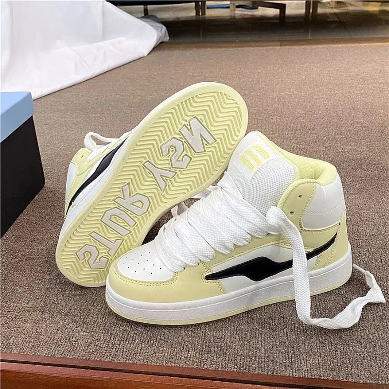 ABCYLM Wide Coverage Cushioning Impact Resistance Lightweight High Top Skateboard Shoes Women's White Yellow-3