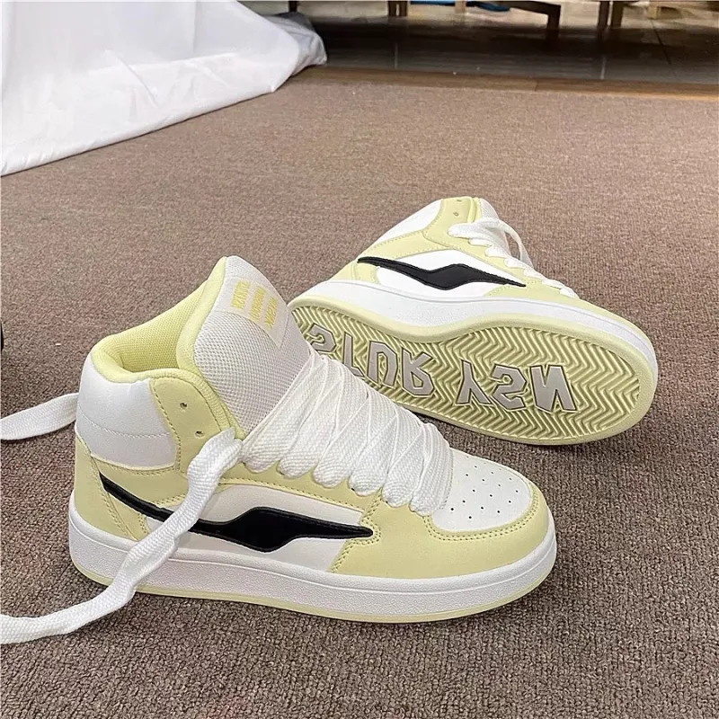 ABCYLM Wide Coverage Cushioning Impact Resistance Lightweight High Top Skateboard Shoes Women's White Yellow-2