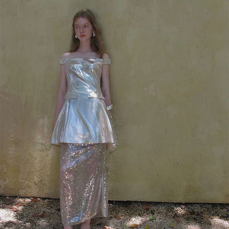 CARIEDO Casual Long Skirt Women's Silver-4