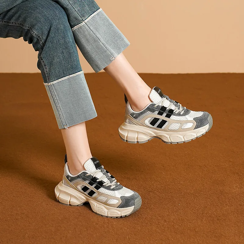HUANAI Cushioning Breathable Lightweight Height Increasing Low Top Chunky Sneakers Women's-5
