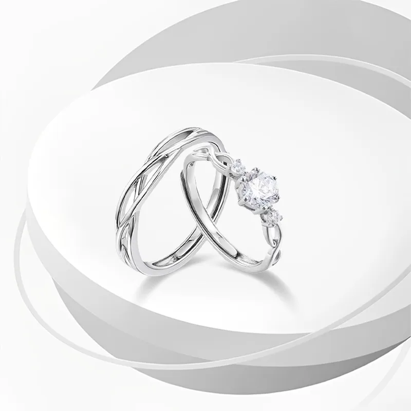 WANLIACC S999 Fine Silver Radiant Heart Couple Rings Unisex-2