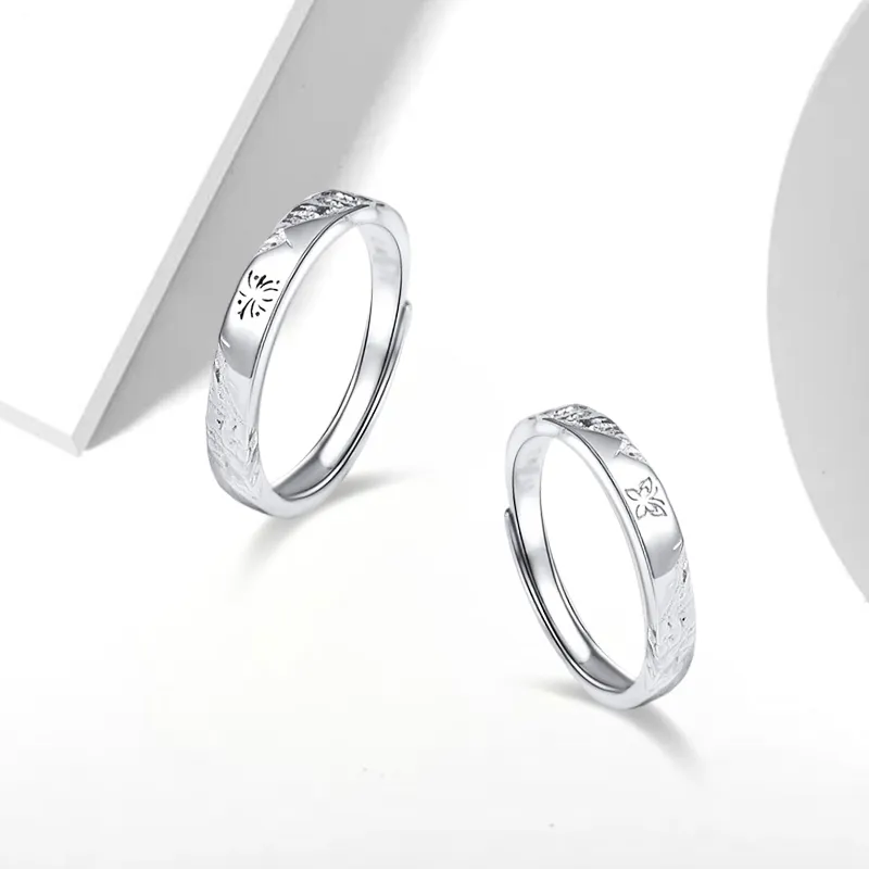 WANLIACC S925 Silver Smoke Flower Butterfly Couple Ring Unisex-1