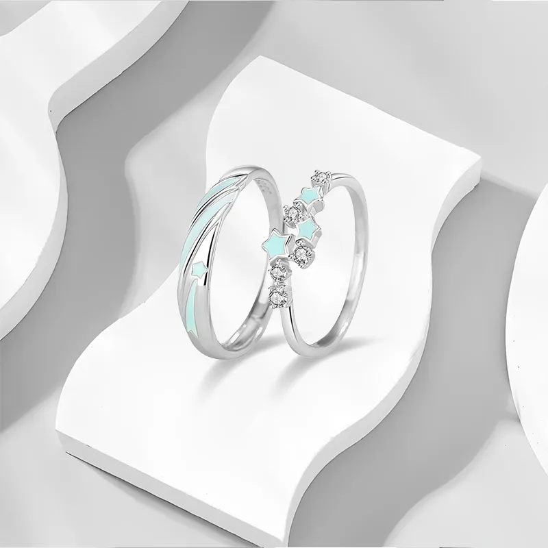 WANLIACC S925 Silver Meteor Shower Couple Ring Unisex-2
