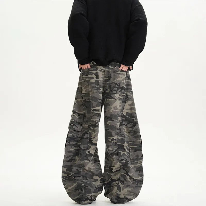 COOLALPACA Loose Fit Wide Leg Scissors Jeans Unisex Camouflage-4