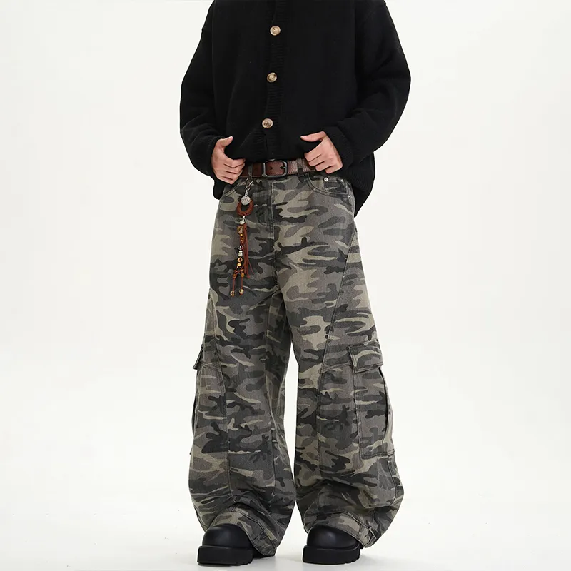 COOLALPACA Loose Fit Wide Leg Scissors Jeans Unisex Camouflage-3