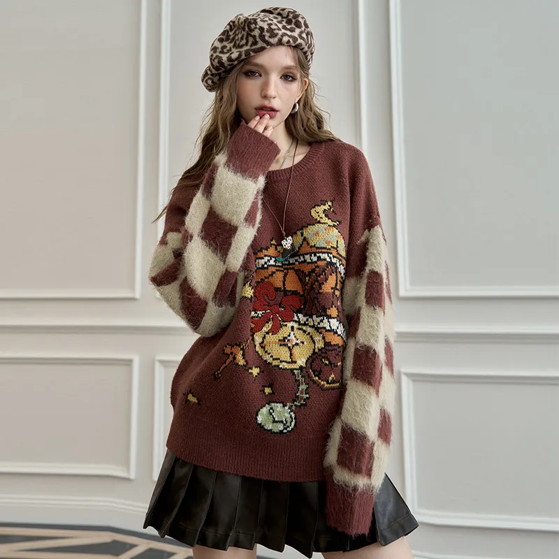 ELF SACK Sweater Women's Checkerboard Coffee-4