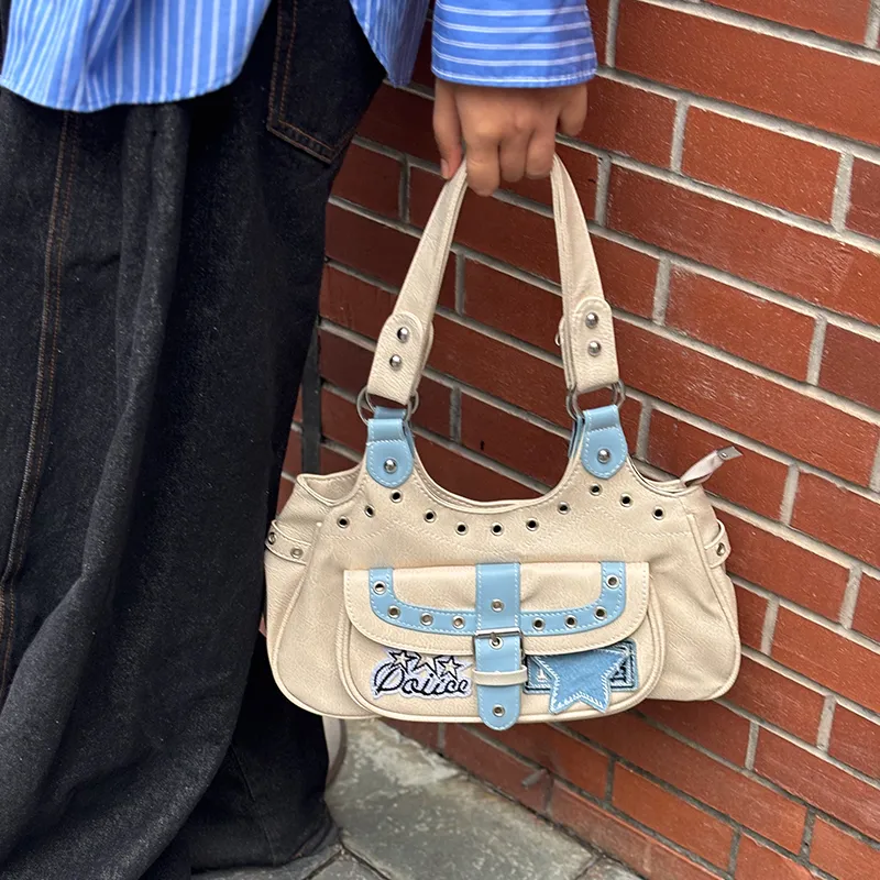ELF SACK PU Shoulder Bag Women's White Blue Patchwork-5