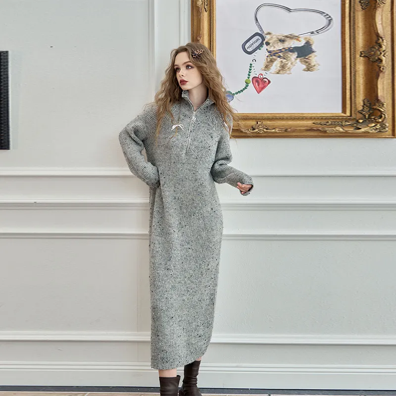 ELF SACK Long Sleeved Dress Women's Multicolor Dots Gray-4