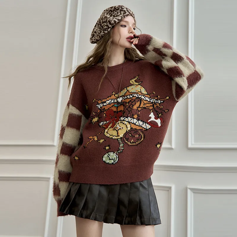 ELF SACK Sweater Women's Checkerboard Coffee-5