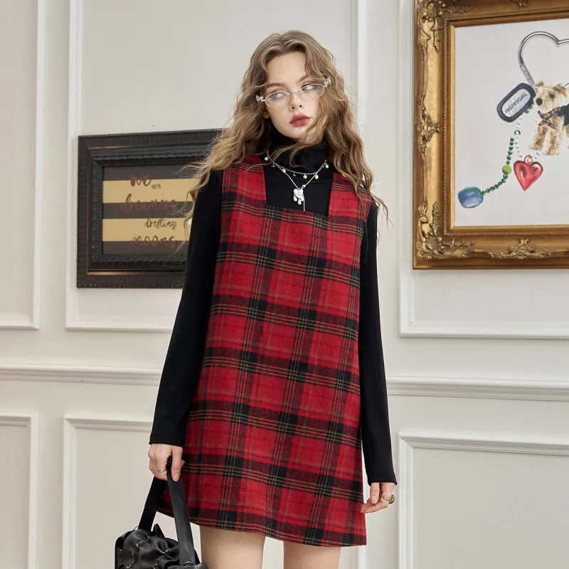 ELF SACK Sleeveless Dress Women's Plaid Red-5