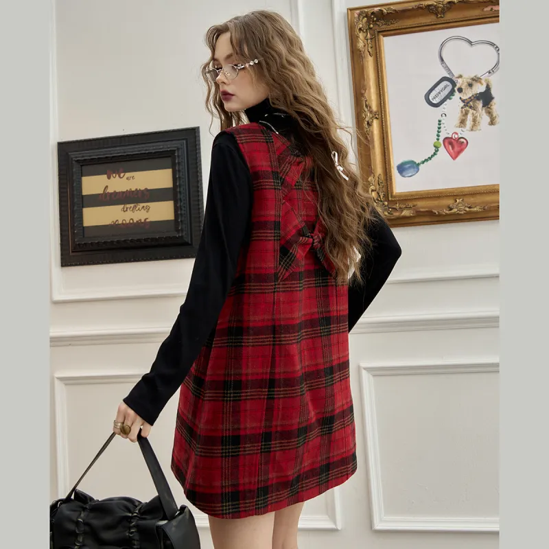 ELF SACK Sleeveless Dress Women's Plaid Red-3
