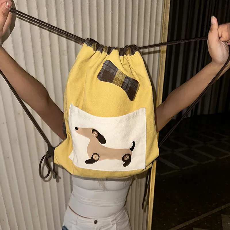 ELF SACK Canvas Backpack Women's Light Yellow Plaid Patchwork-4