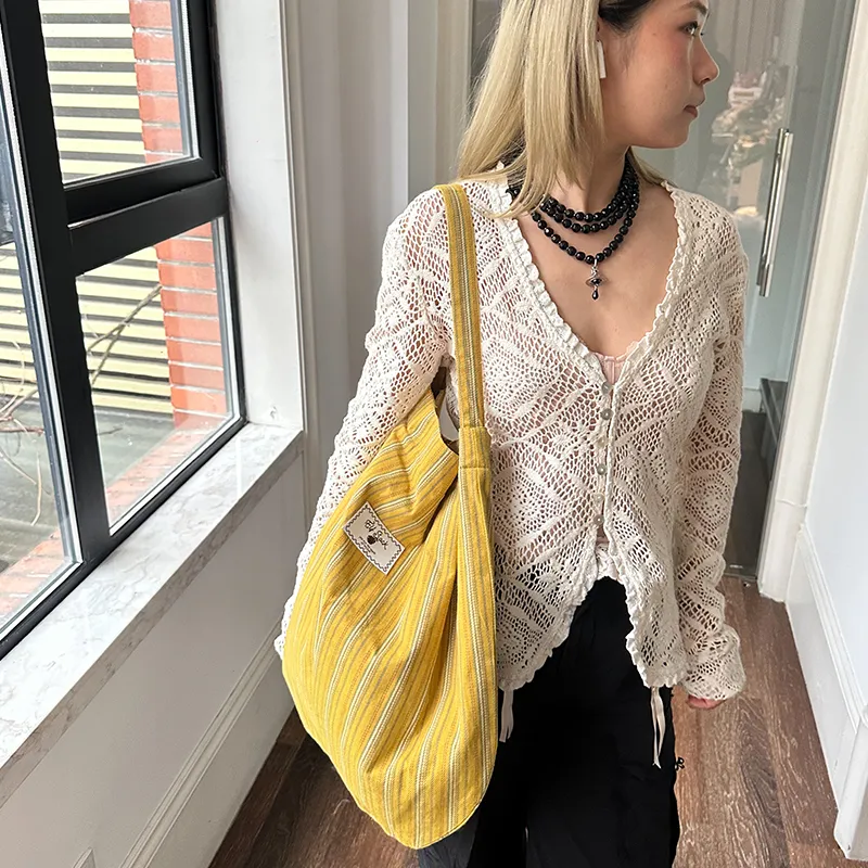 ELF SACK Cotton Shoulder Bag Regular Women's Yellow Stripes-3