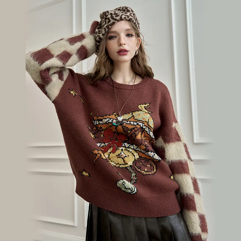 ELF SACK Sweater Women's Checkerboard Coffee-2