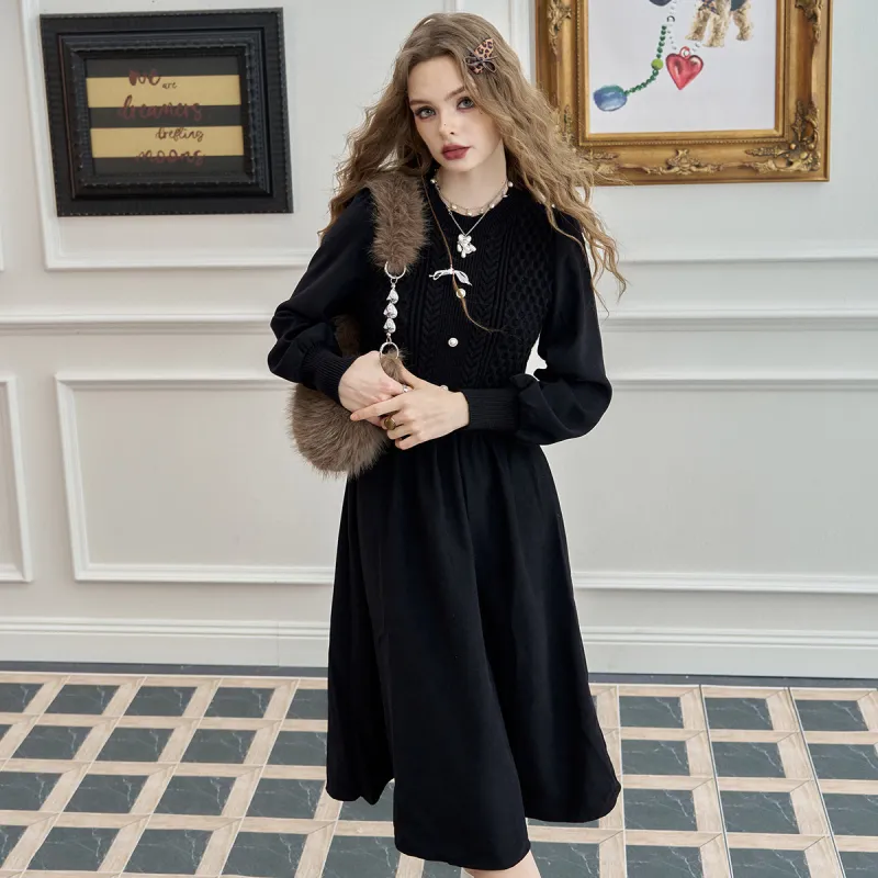 ELF SACK Long Sleeved Dress Women's Black-1