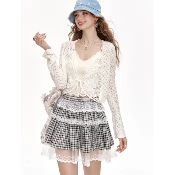 ELF SACK Casual Short Skirts Women's Black Gray Plaid