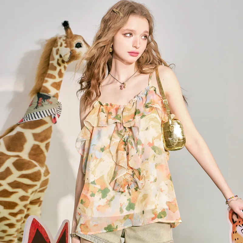 ELF SACK Chiffon Shirts Women's Sweet Style Yellow Cream-3