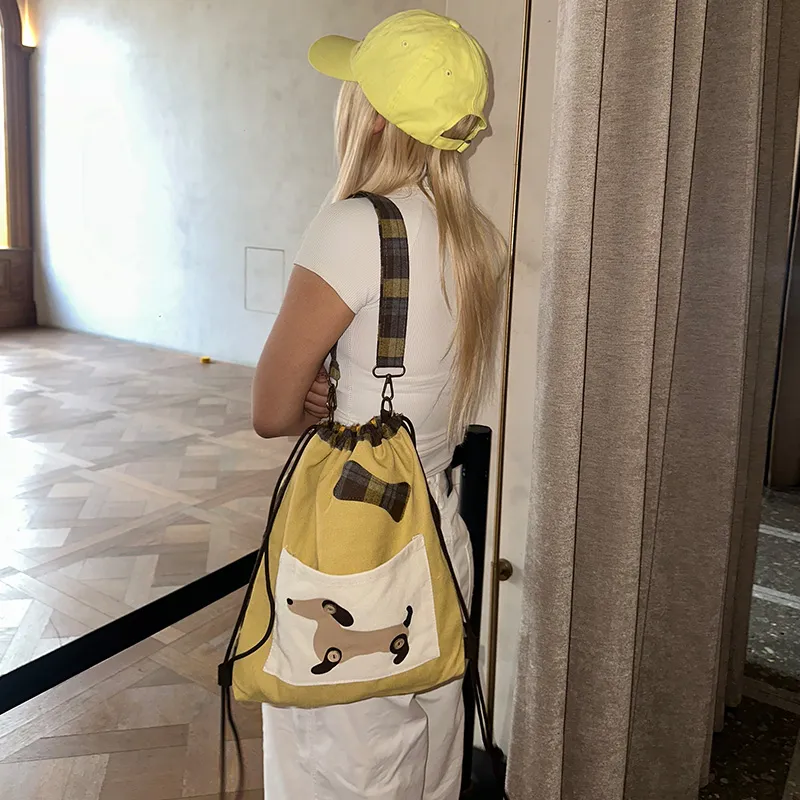 ELF SACK Canvas Backpack Women's Light Yellow Plaid Patchwork-2