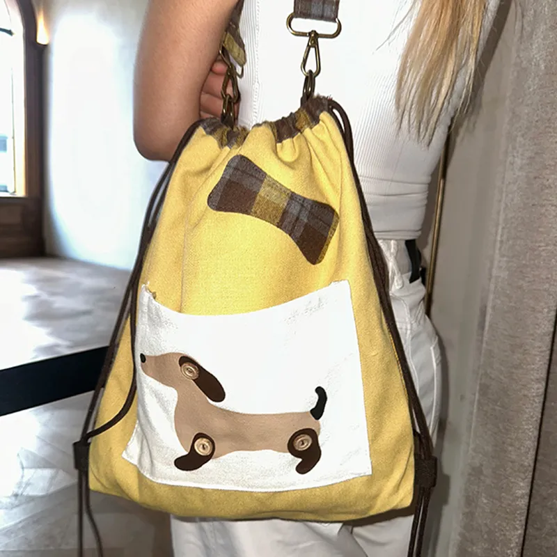 ELF SACK Canvas Backpack Women's Light Yellow Plaid Patchwork-6
