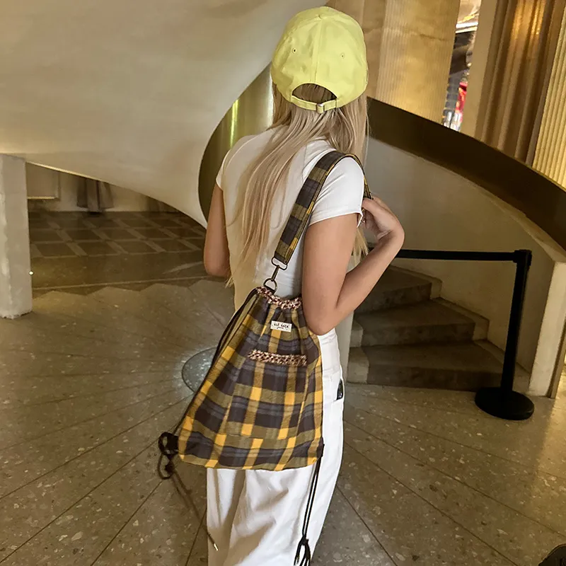 ELF SACK Canvas Backpack Women's Light Yellow Plaid Patchwork-5