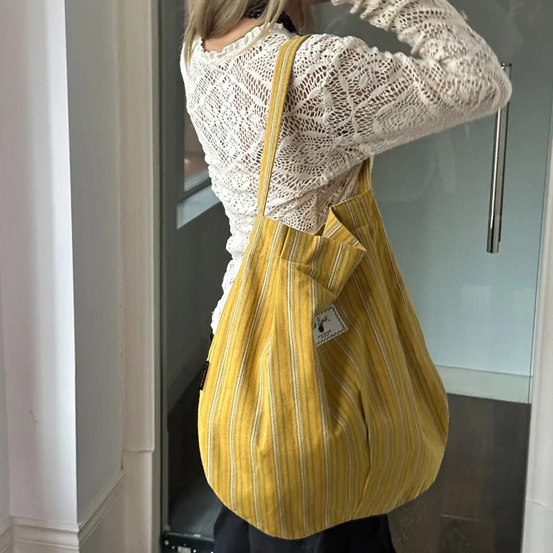 ELF SACK Cotton Shoulder Bag Regular Women's Yellow Stripes-2