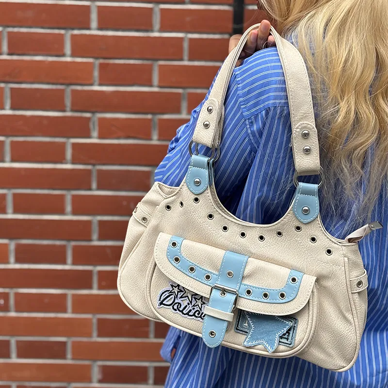 ELF SACK PU Shoulder Bag Women's White Blue Patchwork-4