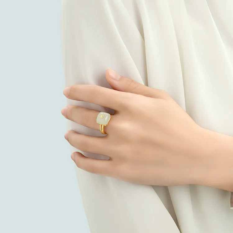 EZRA 925 Sterling Silver Hetian Jade Rings Unisex White Jade-1