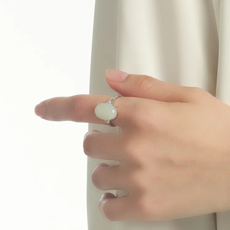 EZRA Hetian White Jade 925 Sterling Silver Rings Women's White Jade-3