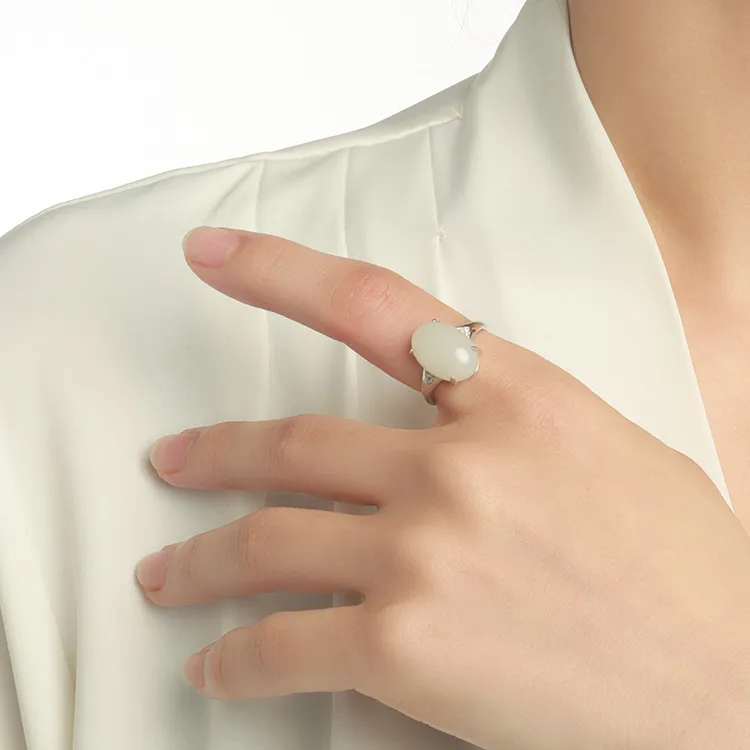EZRA Hetian White Jade 925 Sterling Silver Rings Women's White Jade-2