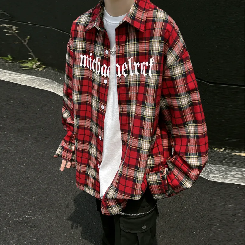 Kudamm Shirts Unisex Red Plaid Long Sleeved-2