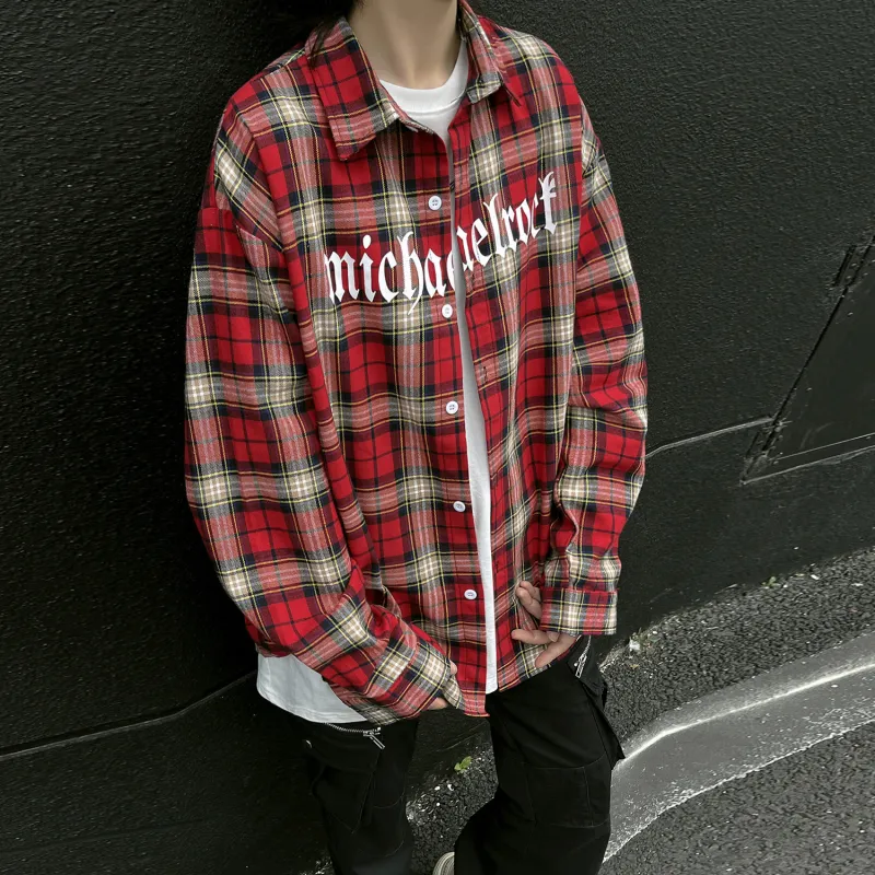Kudamm Shirts Unisex Red Plaid Long Sleeved-5