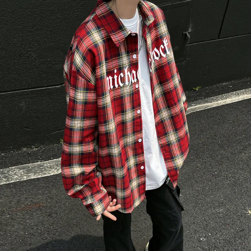 Kudamm Shirts Unisex Red Plaid Long Sleeved-4