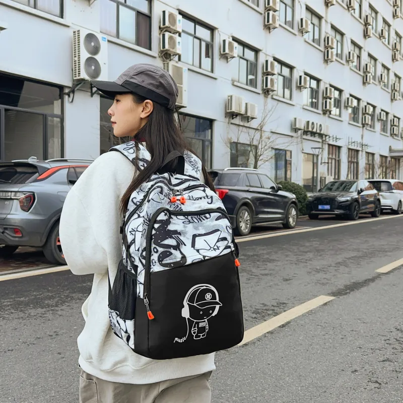 MOK Nylon Backpack Regular Unisex Pure Black/White/Blue/Black-7