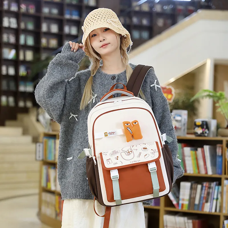 MOK Nylon Fabric Backpack Regular Women's Khaki/Gray/Orange/Black/Red/Coffee-6