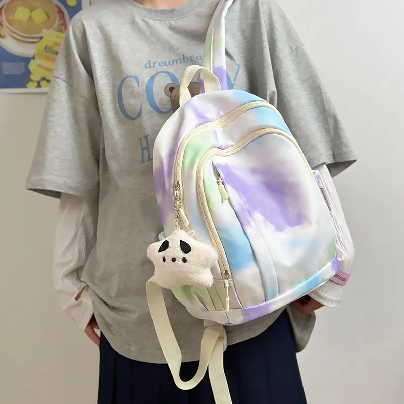 MOK Nylon Fabric Backpack Regular Unisex Gray/Purple/Yellow/Blue/Pink-5