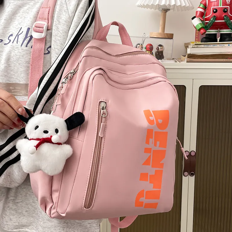MOK Nylon Backpack Unisex Light Gray/Black/Pink/Yellow-7