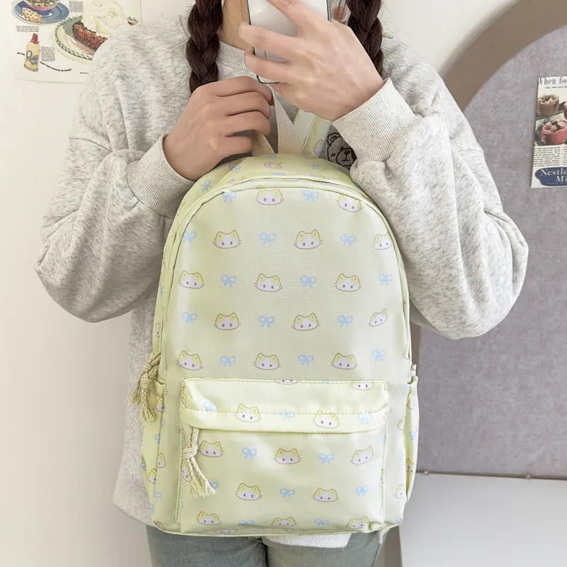 MOK Nylon Backpack Women's White Star/Blue Kitten/Yellow Kitten-13