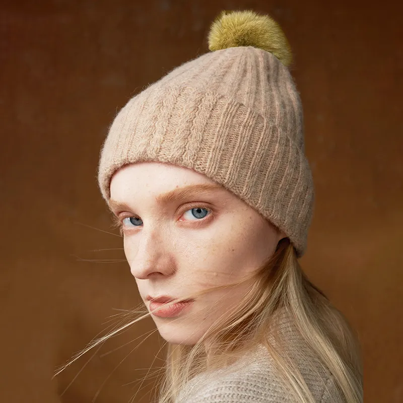 MARJAKURKI 100% Wool Beanie Greeting Card Shopping Bag Warm Sea Of Fox Fur Ball Women's-3
