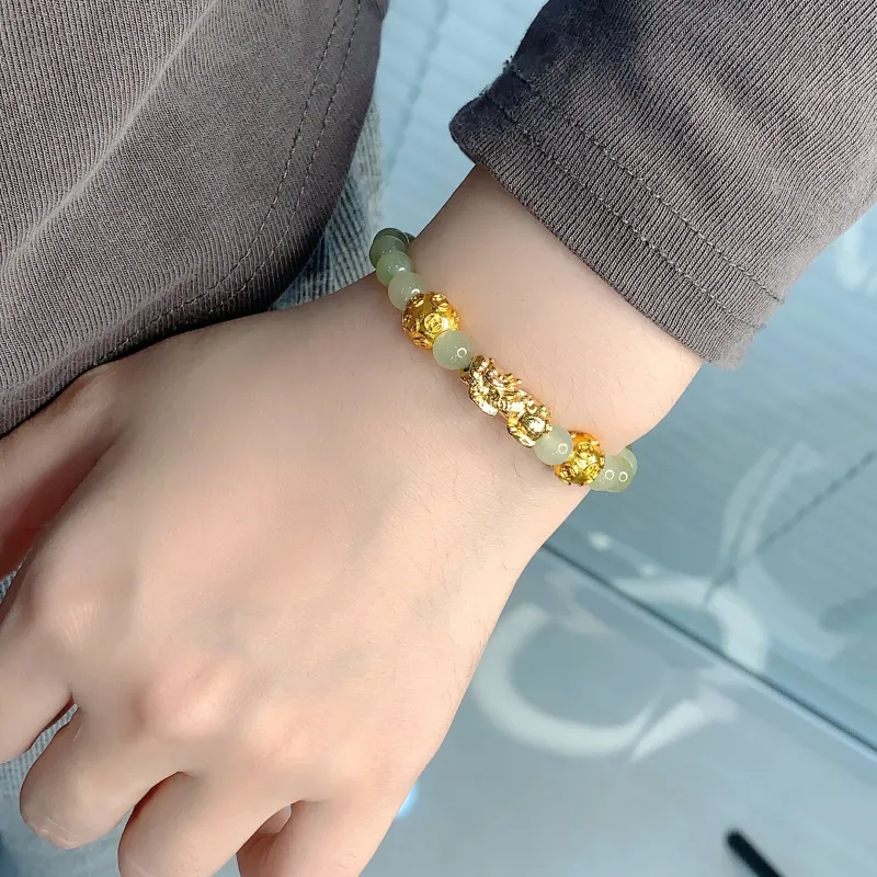 HAPPY ELF Solid Gold Hetian Jade Bracelets Unisex Pale Greenish White Jade-1