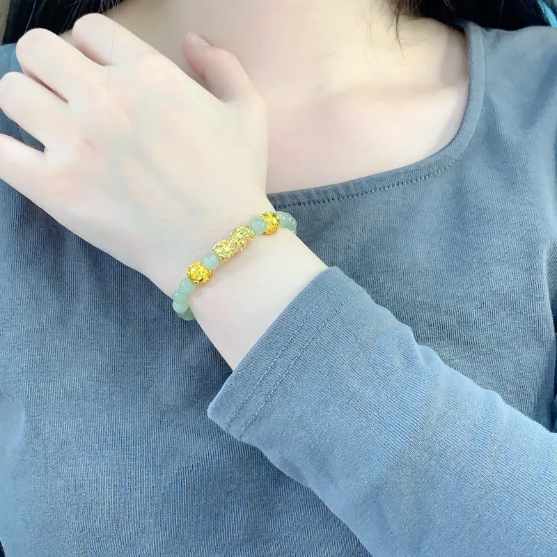 HAPPY ELF Solid Gold Hetian Jade Bracelets Unisex Pale Greenish White Jade-2