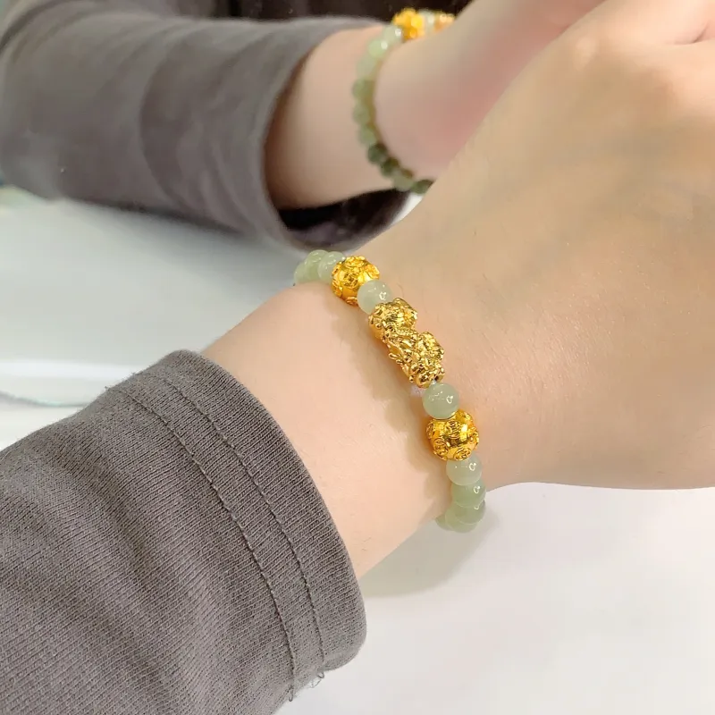 HAPPY ELF Solid Gold Hetian Jade Bracelets Unisex Pale Greenish White Jade-3